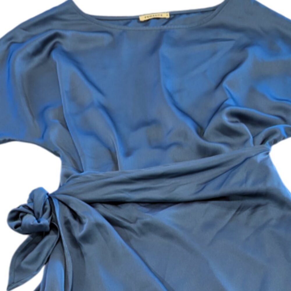FEHAUTE Satin Wrap Waist Dress M Blue One Shoulder Satin A-Line Midi Dusky Blue - Picture 8 of 8